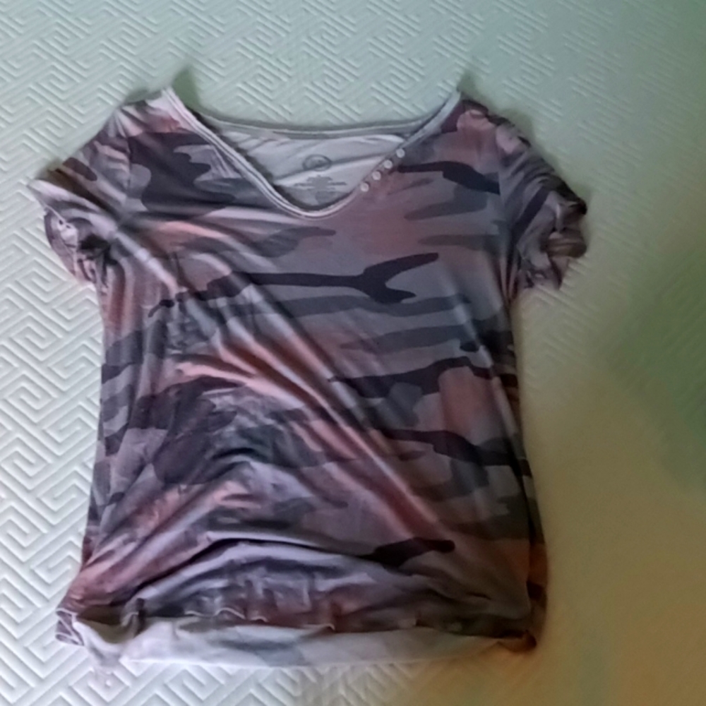 Pink and purple camo shirt. Buttons at the top on one side